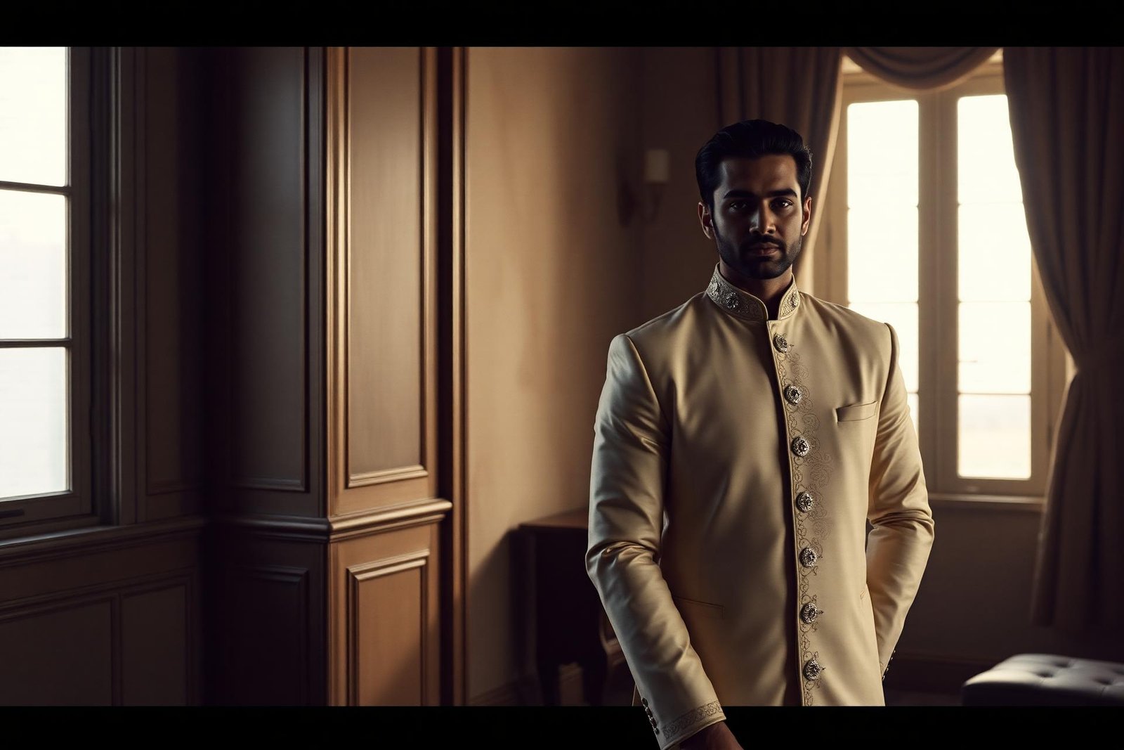 A gentleman wearing an ivory sherwani by The Friday Ethnic